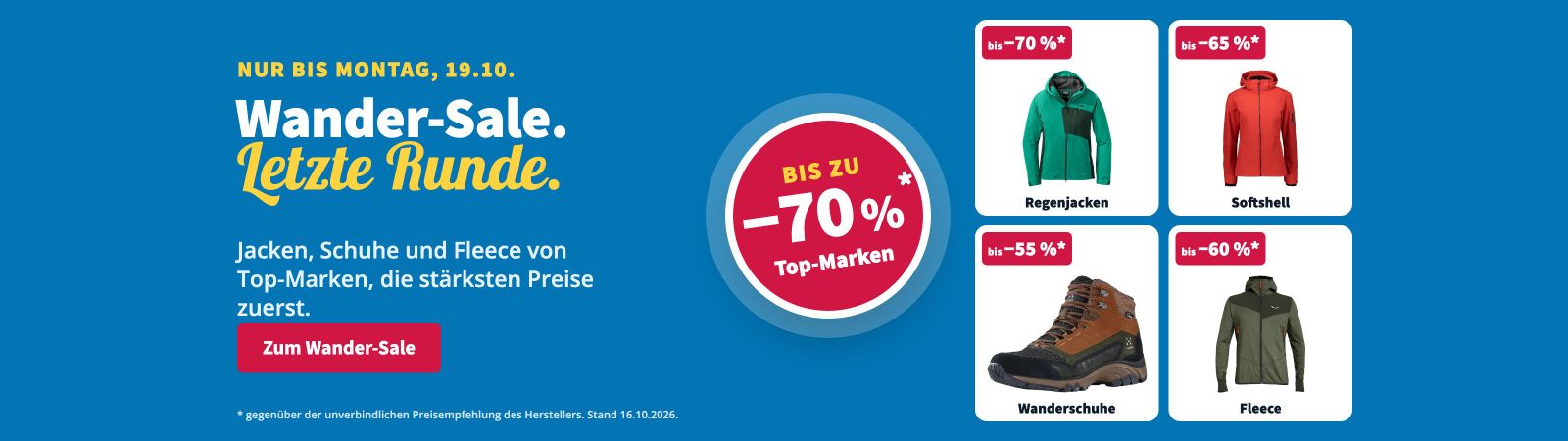 Wander-Sale, letzte Runde: bis zu ?70 % auf Regenjacken, Softshell, Wanderschuhe und Fleece von Top-Marken