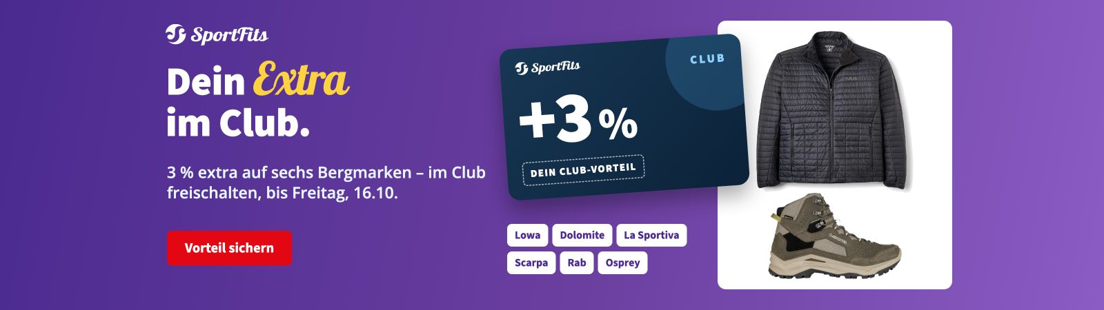 SportFits Club: 3 % extra auf Lowa, Dolomite, La Sportiva, Scarpa, Rab und Osprey, bis 16.10.