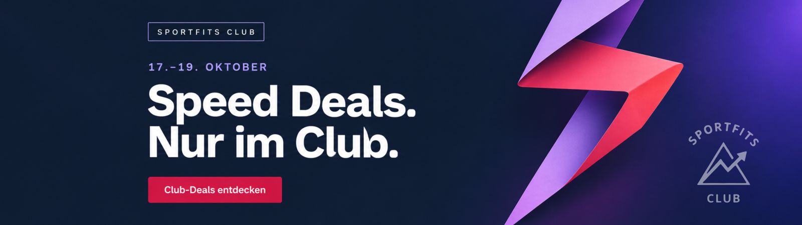 Speed Deals im Club vom 17. bis 19. Oktober – violett-korallroter Blitz auf dunkelblauem Grund.
