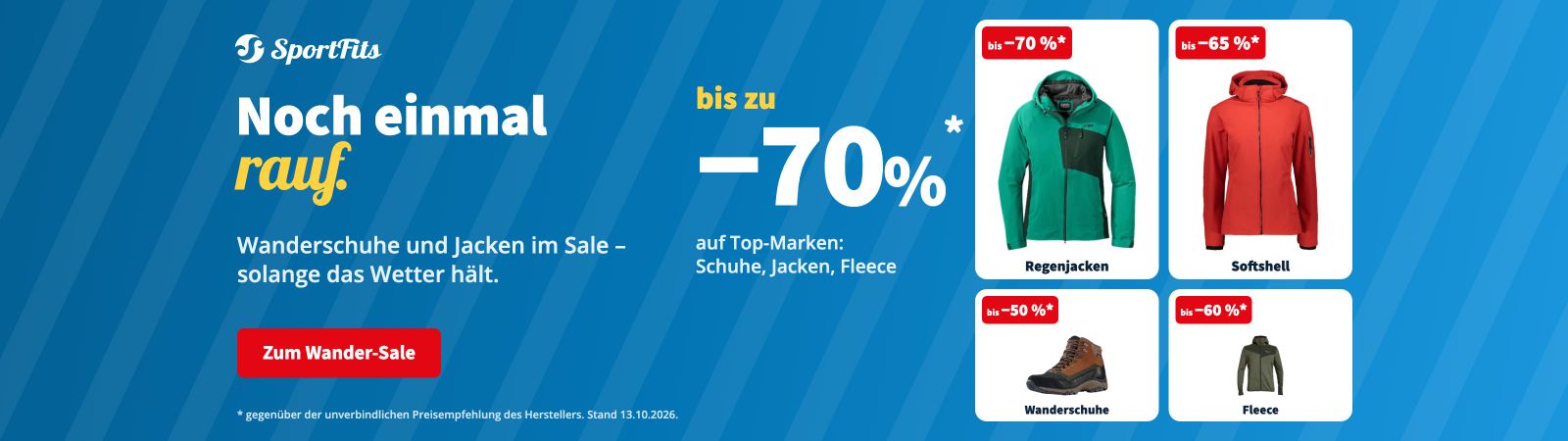 Wander-Sale: bis zu ?70 % auf Regenjacken, Softshell, Wanderschuhe und Fleece