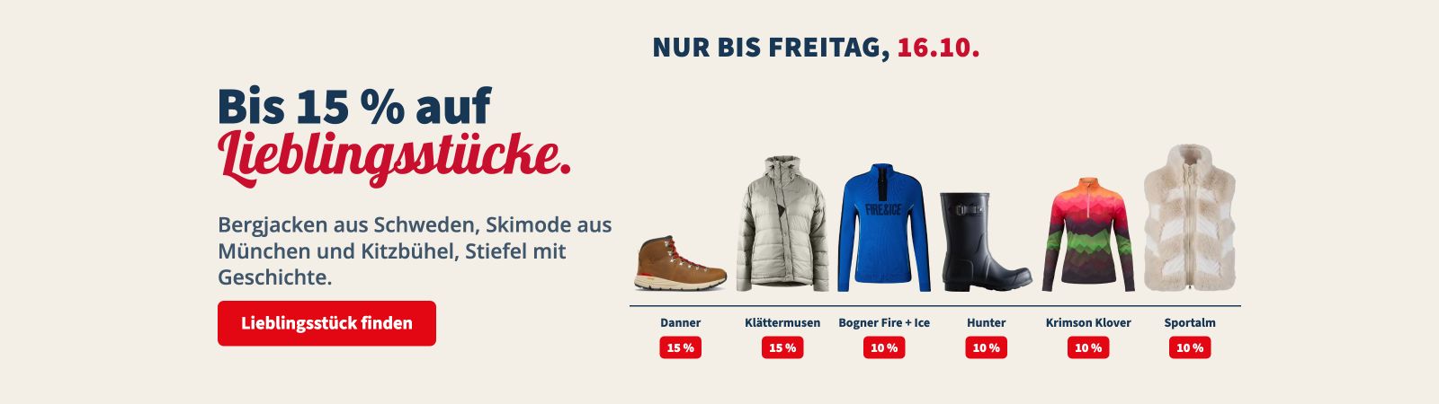 Bis 15 % extra auf Danner, Klättermusen, Bogner Fire + Ice, Hunter, Krimson Klover und Sportalm, bis 16.10.