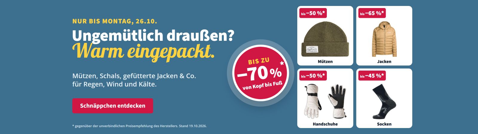 Warm eingepackt: Mützen, Jacken, Handschuhe und Socken bis zu 70 % reduziert, nur bis Montag, 26.10.
