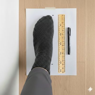 Mondopoint-Größe ganz einfach herausfinden: Skisocken anziehen, Fuß auf Papier markieren, Abstand mit Lineal messen.