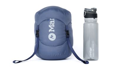 Compressed, the sleeping bag packs down to the size of a water bottle.