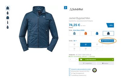 Die Größentabellen sind bei den Produkten verlinkt
