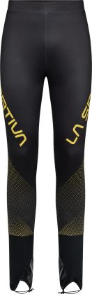Schwarze Softshell-Skitourenhose mit gelben Nähten, schmal geschnitten