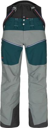 Hardshell-Skitourenhose als Latzhose in Grau und Petrol mit Hosenträgern