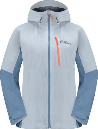 Hellgraue Regenjacke mit hellblauen Ärmeln, Kapuze und orangefarbenem Reißverschluss