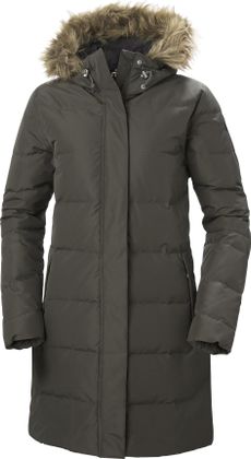 Helly Hansen W Aden Down Parka in Dunkelgrau, langer Daunenparka mit Kapuze und Kunstpelzrand