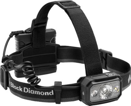 Black Diamond Icon 700 mit Akkufach am Hinterkopf, über ein Kabel mit dem Lampenkopf verbunden