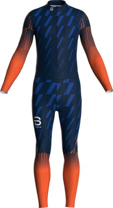 Daehlie Racesuit Beyond, einteiliger Rennanzug in Dunkelblau mit orangefarbenen Ärmel- und Beinenden
