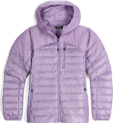 Outdoor Research Women's Helium Down Hoodie in Flieder, gesteppte Daunenjacke mit Kapuze