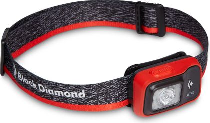 Black Diamond Astro 300 mit rotem Gehäuse und grauem Kopfband