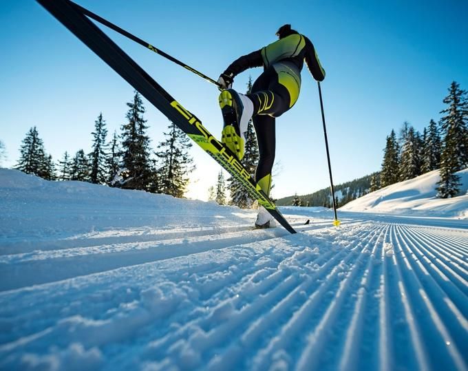 Langläufer in schwarz-gelbem Rennanzug im Skating-Schritt auf einer frisch gespurten Loipe, dahinter verschneite Fichten