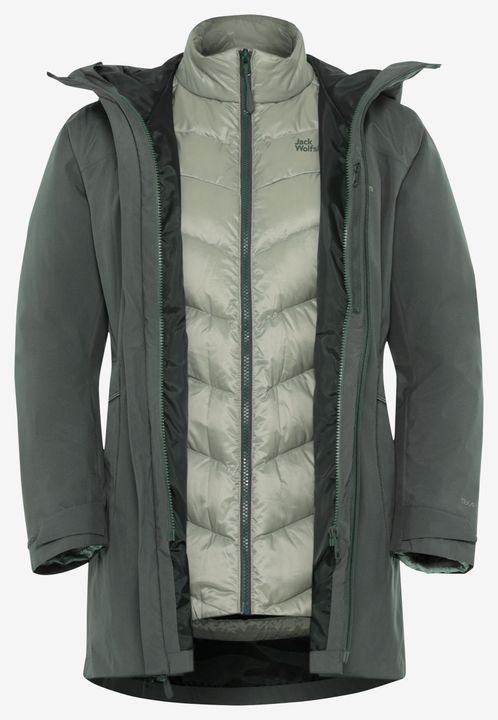 Graugrüne Jacke, geöffnet, mit eingezippter hellgrüner Daunen-Innenjacke