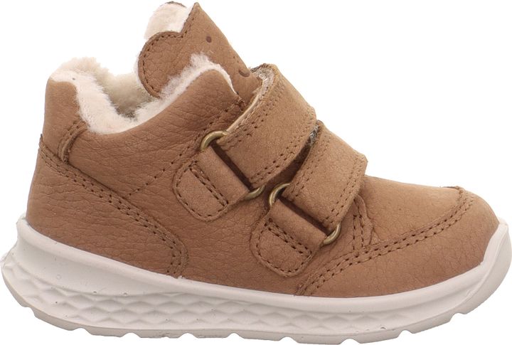 Hellbrauner Kinderschuh aus Nubukleder mit zwei Klettriemen, hellem Fleecefutter und weißer Sohle