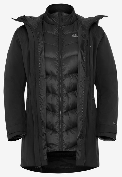 Geöffneter schwarzer Jack-Wolfskin-Mantel mit eingezippter, gesteppter Daunen-Innenjacke