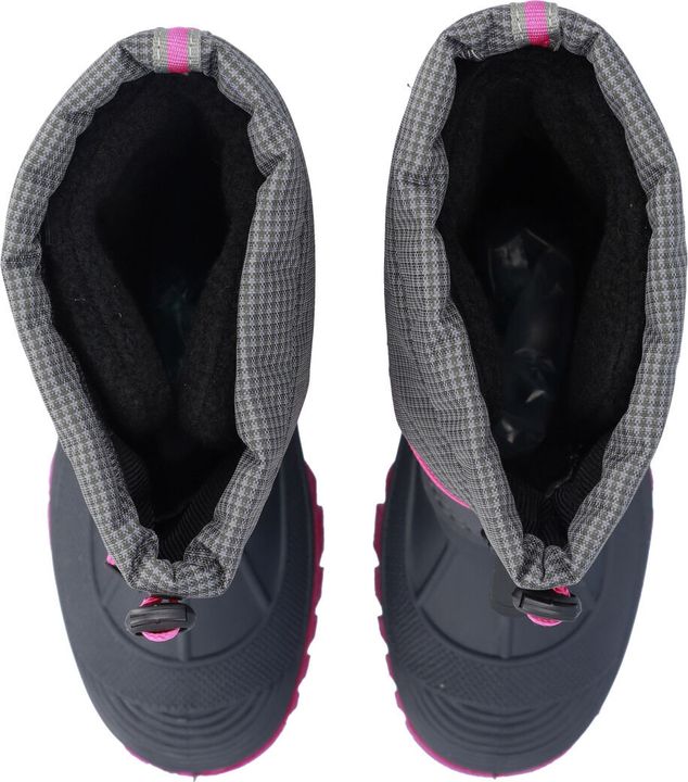 Zwei graue Kinder-Winterstiefel mit pinkfarbenen Details von oben, Blick auf das Futter und den Schaftabschluss mit Kordelzug