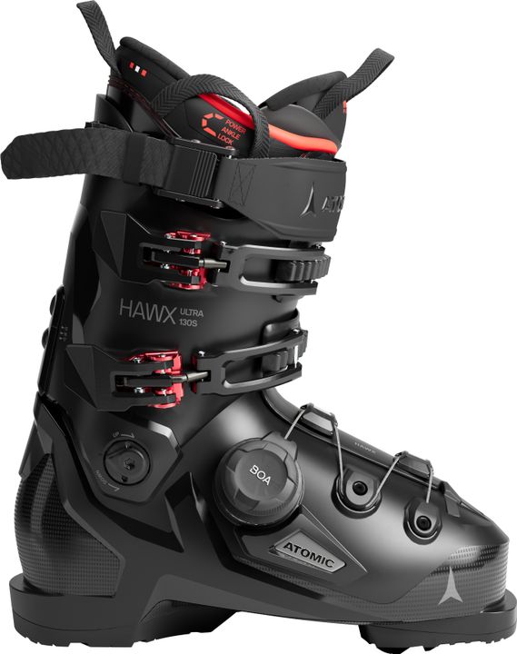 Schwarzer Skischuh Hawx Ultra 130 S BOA mit roten Schnallen und BOA-Drehrad an der Schale, Seitenansicht