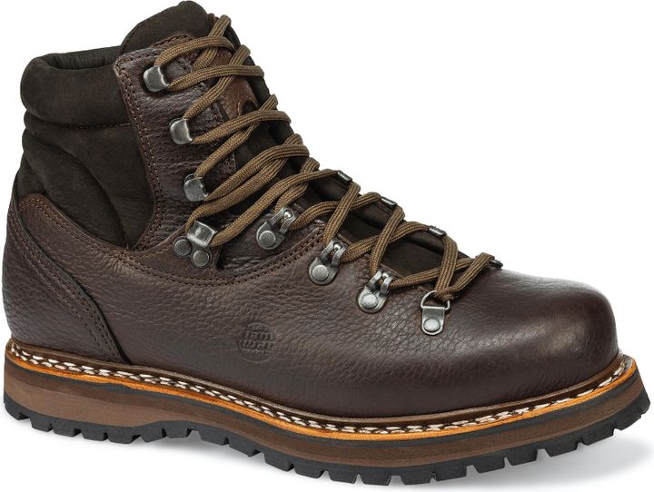 Dunkelbrauner Lederstiefel Tashi mit genarbtem Leder, Metallhaken und heller Doppelnaht am Sohlenrand, Seitenansicht