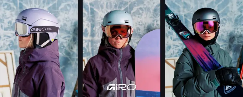 Drei Porträts mit dem Giro Neo Mips II in Lavender, Hellblau und Dunkelgrau, dazu das Giro Logo