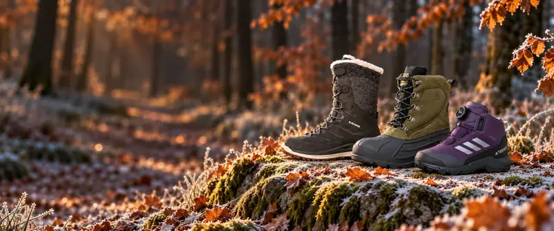 KI-generiertes Bild eines Herbstwalds am Frostmorgen, auf einem bereiften Moosstein stehen drei Winterstiefel
